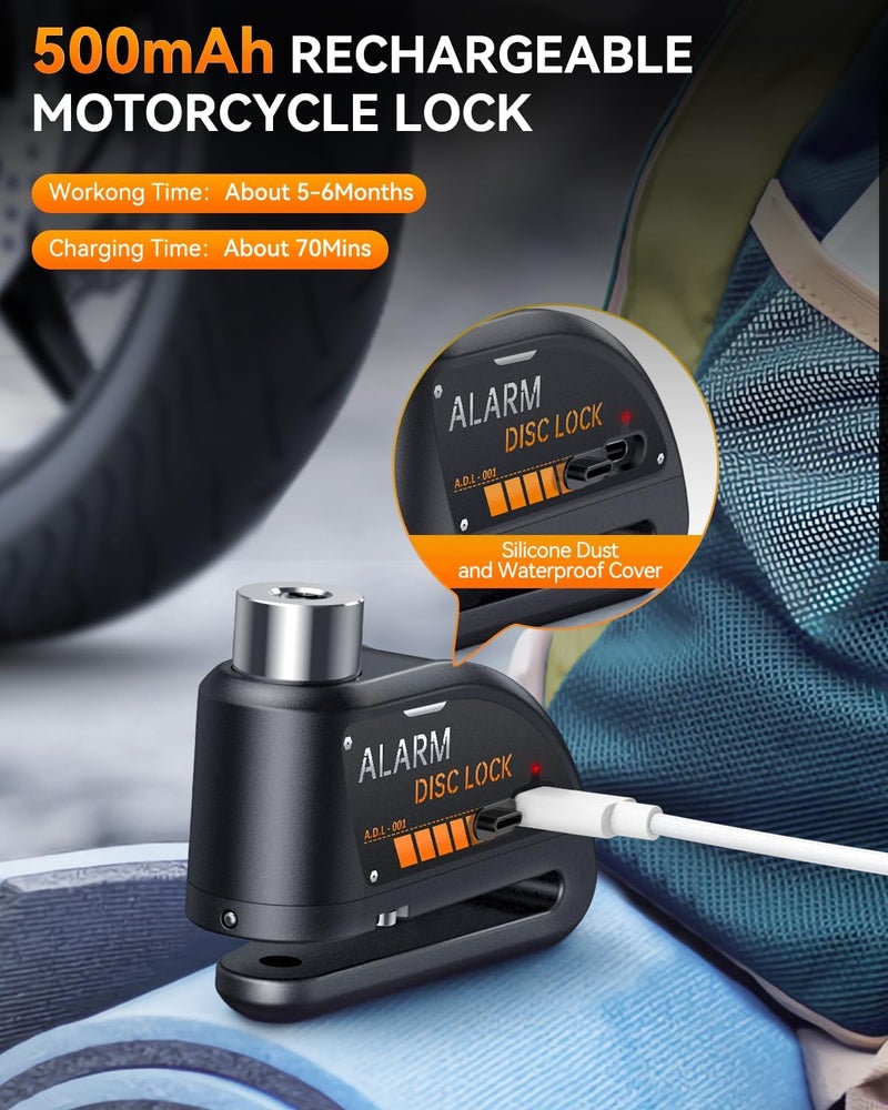Onvian Motorcycle Disc Brake Lock with 120dB Alarm, Rechargeable Waterproof Motorcycle Locks Anti Theft for 7mm Motorcycle Brake Helmet Scooter Wheel Lock 5FT Reminder Cable (Black) - Image 4